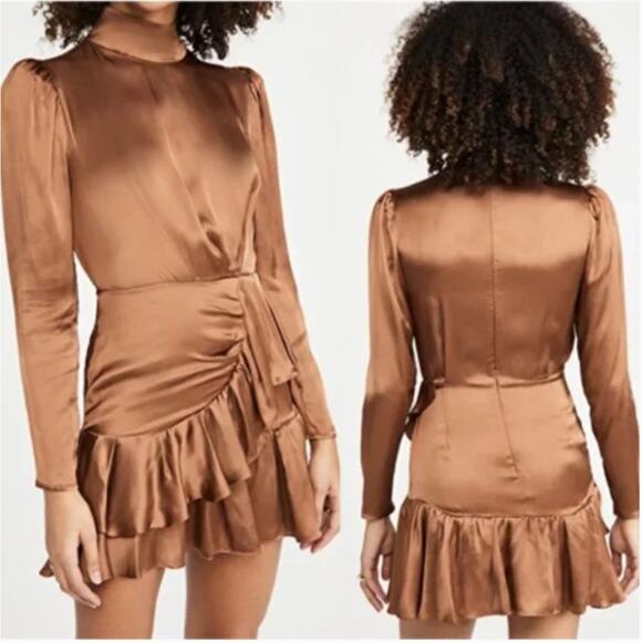 IRO Osiam Satin Ruffle Mini Dress in Camel - Picture 2 of 10